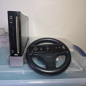 Nintendo Wii Black Console RVL-001 + Controller Steering Wheel Tested
